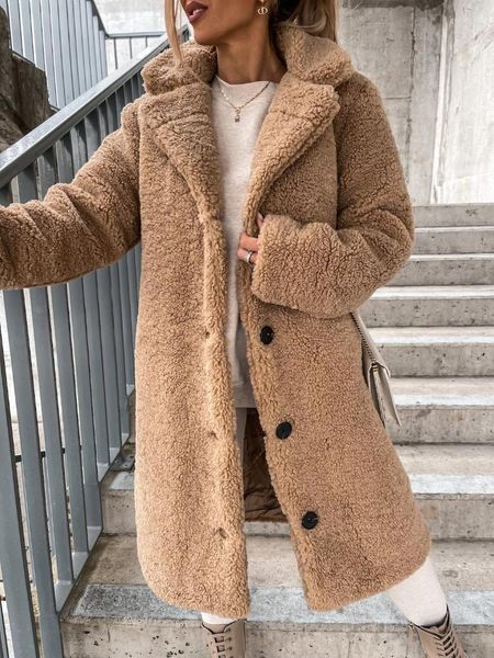 Femmes fourrure automne hiver femmes ours en peluche Long manteau revers simple boutonnage épais polaire veste dame mode chaud vêtements d'extérieur amples