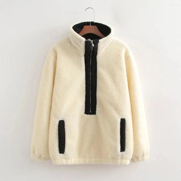 Fourrure Femme Beige Femmes Sweatshirts Pulls Hiver Mode Coréenne Jeune Zip-Up Faux Peau De Mouton Manteau De Laine D'agneau Survêtement Patchwork