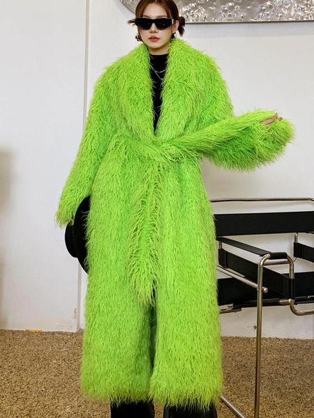 Cinturón de piel para mujer, disfraz de imitación de color rosa melocotón, verde fruta, solapa, abrigo extendido de lana Artificial, ropa