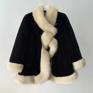 Manteau noir en fourrure pour femmes, épais, à la mode, Faux col, veste de cheveux, ample, surdimensionné 3XL, Cape d'hiver, 2023