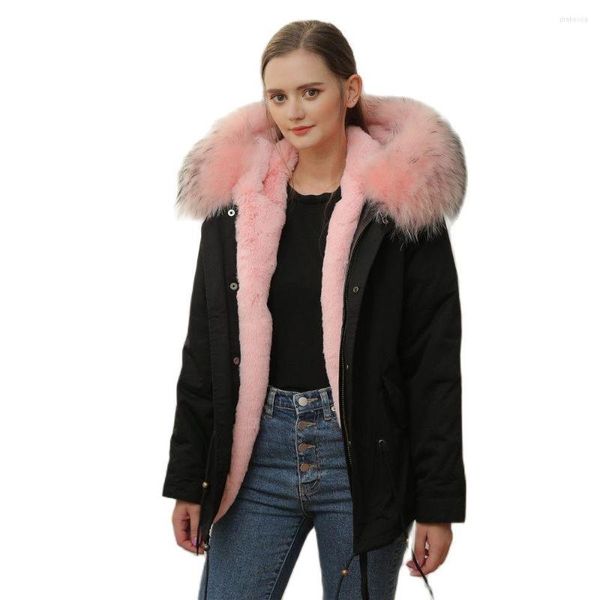 Manteau d'hiver décontracté en fourrure pour femmes Parka rose doublée de faux manteau court pour filles avec garniture de col en coquille noire