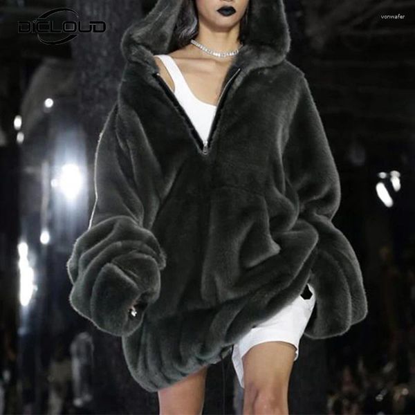 Abrigo largo de imitación de marca de moda elegante de piel para mujer chaqueta cálida de invierno con cremallera con capucha y bolsillo grande Kpop Cool Girl abrigos deportivos de felpa