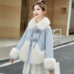 Doudoune en fourrure de Style chinois pour femme, manteau d'extérieur à grand col en laine, haut de gamme, épais, Patchwork, hiver 2024