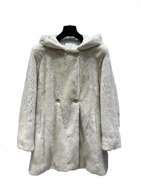 Abrigo de piel para mujer con capucha largo diseño de doble botonadura moda Casual invierno 2024 1109