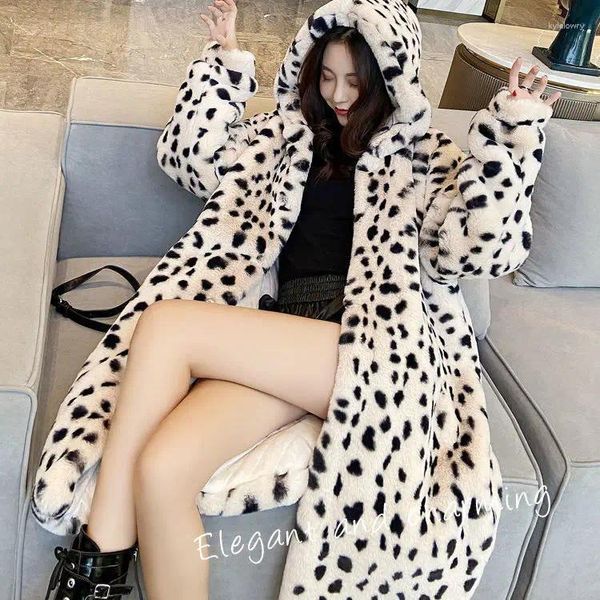Manteau de fourrure pour femmes, veste longue en peluche à motif léopard, ample, hiver 2023
