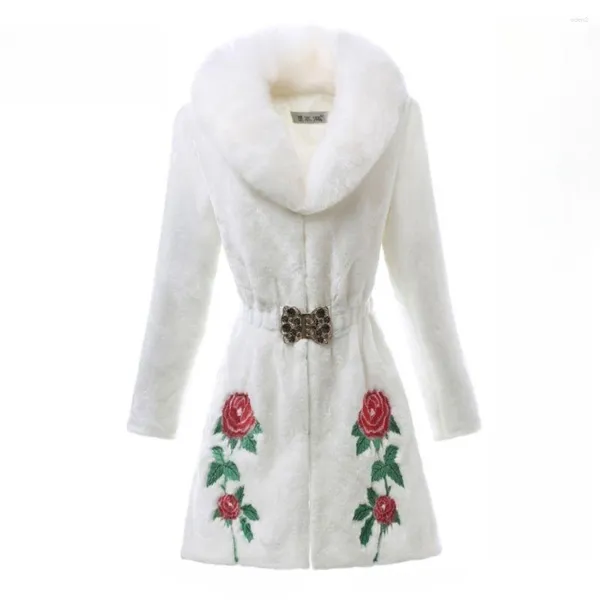 Manteau de fourrure mi-long coréen pour femme, Slim, Imitation vison, avec col, broderie de fleurs, chaud, surdimensionné, automne hiver
