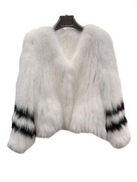 Abrigo de piel para mujer con cuello en V manga corta holgada diseño estampado a rayas cálido y cómodo invierno 2023 1113