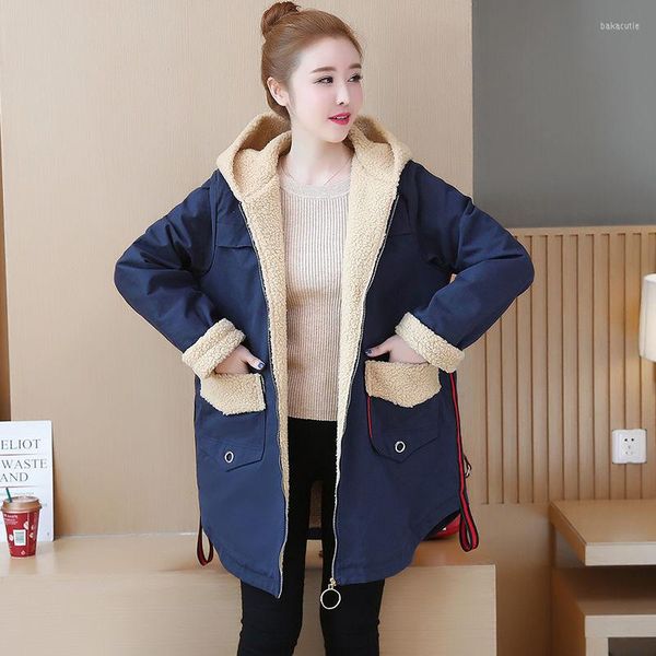 Manteau de fourrure pour femmes hiver femme 2022 cheveux d'agneau dans la longue Section de coton vêtements en vrac Plus velours épais chaud à capuche