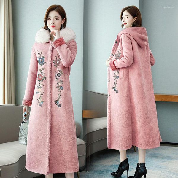 Manteau de fourrure femme mi-long 2023 hiver coupe-vent coréen épaissi chaleur longue sur le genou imprimé veste en laine d'agneau Y463