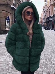 Abrigo de piel para mujer, abrigos con capucha verdes, moda de invierno, grueso, cálido, negro, rosa, chaquetas de imitación de manga larga para mujer