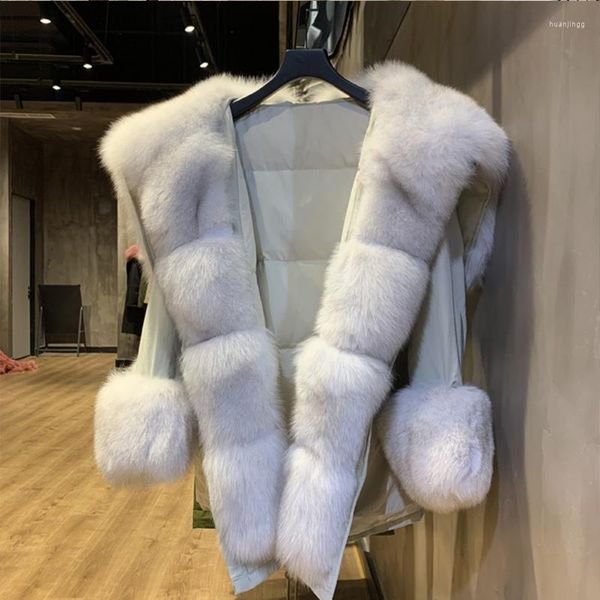 Colecciones de piel para mujer Otoño Invierno gruesas cuello y puños de mapache Real chaquetas de plumón de pato hinchadas para abrigos de mujer