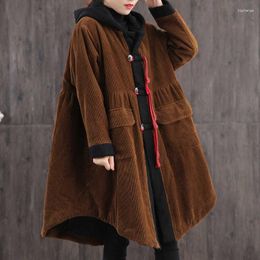 Veste en coton et velours côtelé pour femmes, longueur moyenne, Style d'hiver, Version coréenne, vêtements extérieurs amples rétro, manteaux longs avec vêtements d'extérieur de grande taille