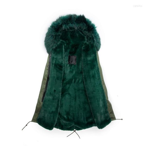Abrigo con capucha y cuello de mapache grande verde oscuro para mujer