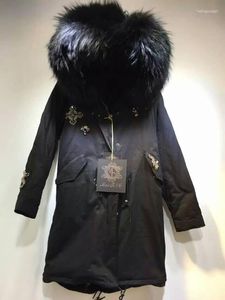 Parka à capuche en fourrure pour femme avec perles vert armée/noir Parka Mr Furs avec manteau à col Mrs raton laveur