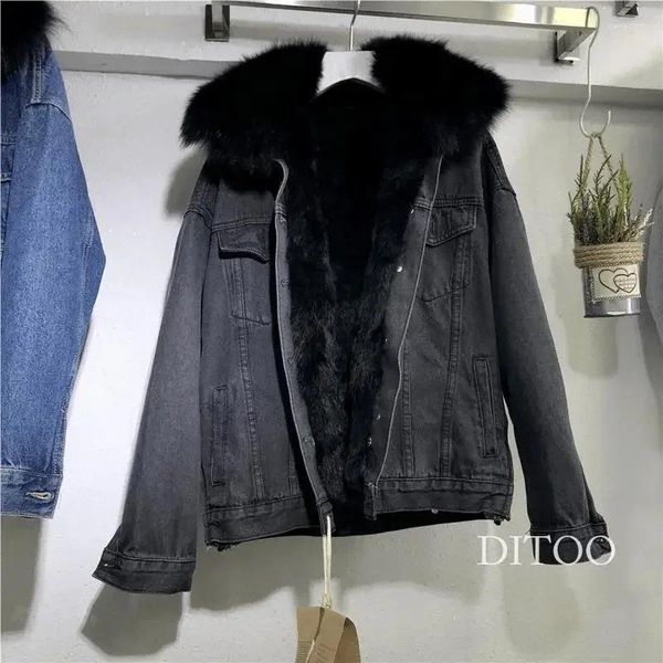 Abrigo de piel sintética con cuello desmontable para mujer, chaqueta vaquera acolchada de imitación con un solo pecho para invierno