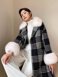 Femmes fourrure DT46 femmes pied de poule longs manteaux d'hiver 2023 ceinturé col rabattu veste en laine naturelle