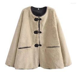 Damesbont EDSA Elegante dames kaki faux jas jas lange mouwen voor dames enkele rij knopen dubbele zakken dikke herfst winter