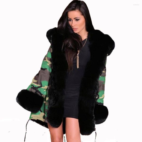 Femmes Fourrure Style Européen Hiver Chaud Camouflage Faux Épais Manteau À Capuche Avec Sangle Plus La Taille Vêtements Pour Femmes FS0884