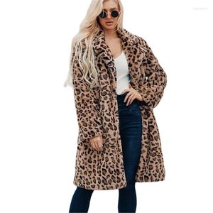 Dames fur F0208 mode winterkleding plus maat lange luipaard print pak kraag faux overjas dames casual trench jas
