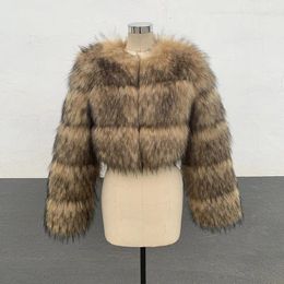 FANPUGUIZHEN – manteau en fausse fourrure de raton laveur pour femme, vêtement d'hiver naturel, col rond, chaud et épais, Style veste