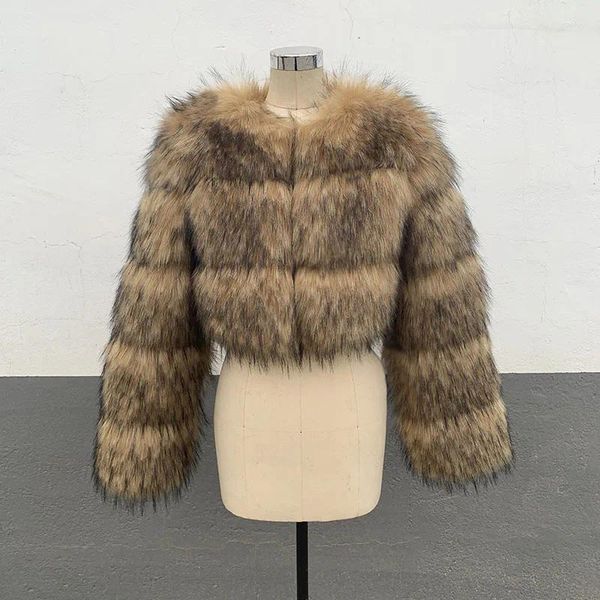 FANPUGUIZHEN-Abrigo plateado de mapache sintético para mujer, ropa de invierno Natural, cuello redondo, cálido, estilo chaqueta gruesa