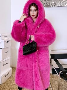 Manteau Faux rouge Rose écologique en fourrure pour femmes, veste longue à capuche en laine artificielle, vêtements d'hiver