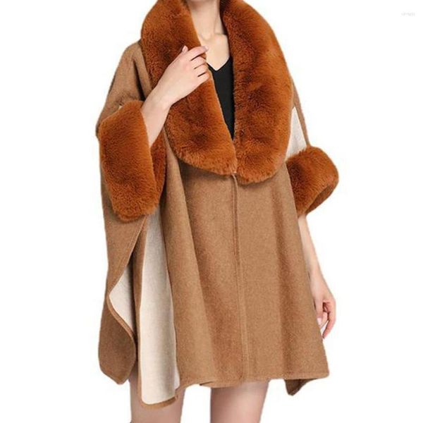 Femmes fourrure mode Faux col châle Cape veste automne hiver grande poche chauve-souris Cardigan laine manteau manteaux vêtements