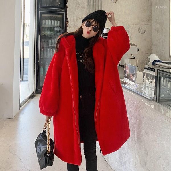 Femmes fourrure mode rouge fermeture éclair à capuche Long manteau femmes hiver épais chaud ample poche manches pardessus veste femme