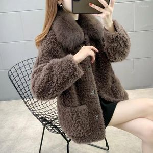 Moda de piel de mujer Solid 2023 Antumn Winter Sheep Coat Bated Grain Imitation Collar