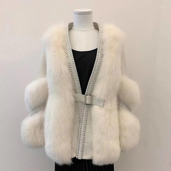 Abrigo de piel sintética empalmado a la moda para mujer, ropa de calle de lujo, chaqueta con remaches, abrigos peludos blancos cálidos para invierno para mujer