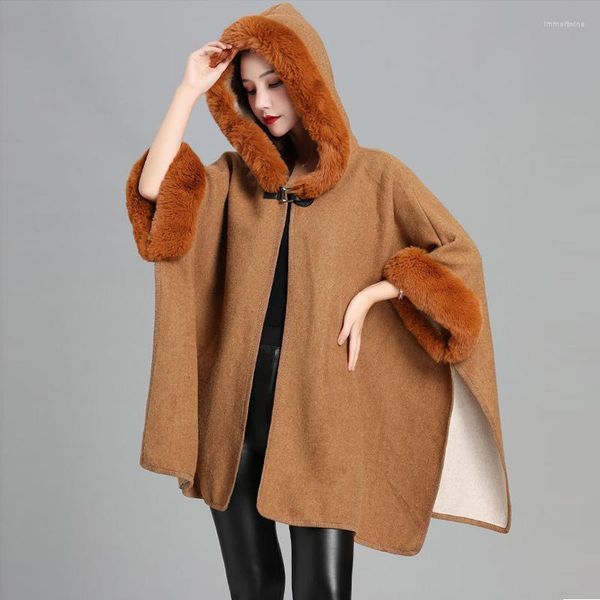 Abrigo de piel de imitación Rex para mujer, capa con capucha, mezcla de lana, cárdigan, capa, abrigo para otoño e invierno, Poncho