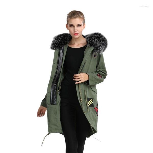 Parka de invierno a la moda de piel para mujer, estilo largo, Color verde militar, cuello de mapache Real, sudaderas grandes con parche S-4XL