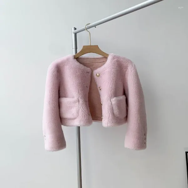 Fourrure femme FashionabletrendySweet petite femme femme col rond court manteau d'hiver cachemire et cuir pardessus mode Youngfashiontr