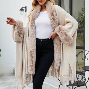 Fourrure pour femmes livraison rapide Faux manteau gland Cape à capuche Poncho tricot ample grande taille manteaux d'hiver pour femmes châle mode couleur unie