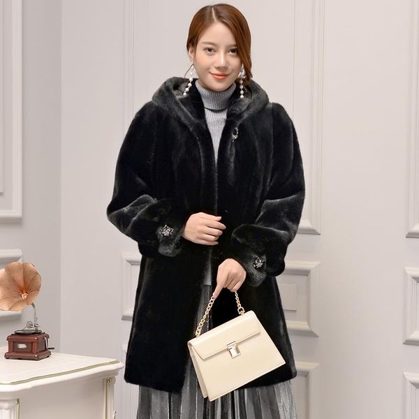 Abrigo de visón importado de piel sintética para mujer, modelos femeninos con capucha, versión coreana de la sección larga, 2021