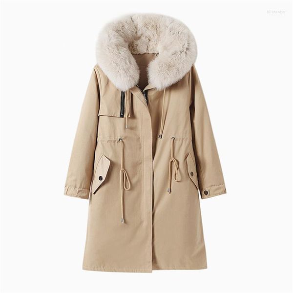 Parkas largas con cremallera y cordón desmontable para mujer, abrigo grueso y cálido con cuello grande Real, forro de piel sintética para mujer 2022