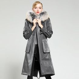 Frauen Pelz Faux 2023 Mantel Weibliche Echt Liner Parka Winter Jacke Frauen Waschbären Kragen Lange Graben Mäntel MY3918