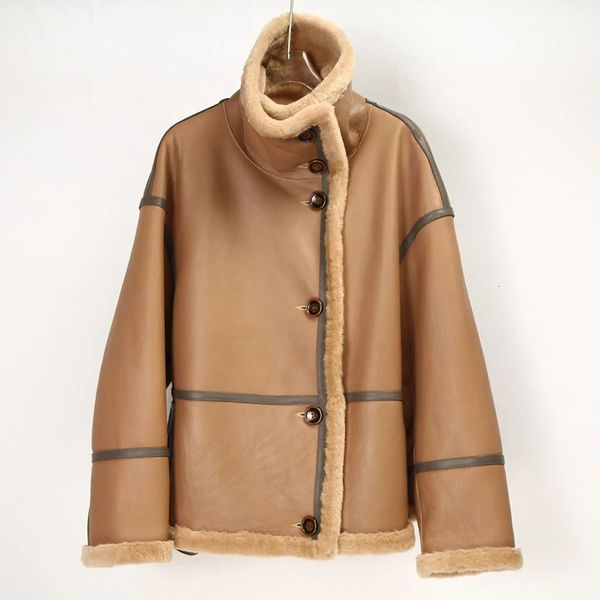 Manteau en fausse fourrure de mouton mérinos pour femme, veste d'hiver décontractée en cuir véritable d'agneau noir Camel, 2023, 231114