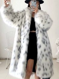 Pele feminina do falso 2024 casaco de inverno senhora casual neve leopardo impressão jaqueta feminina grosso quente midlong plush outerwear 231205