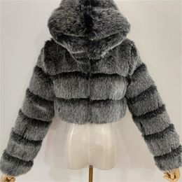 Dames bont faux 828 sale mode winter bijgesneden jas pluizige ritssluiting met een kap warme korte jas top nerts jattes 220909