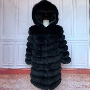 Dames s fur faux 90 cm echte lange jas met kap natuurlijke jas plus maat vrouwelijke hoogwaardige wintervesten 220926