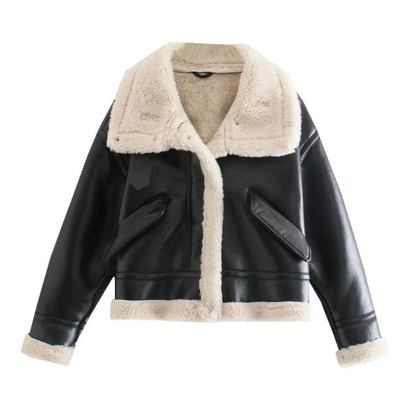 Veste en fausse fourrure pour femme, BBWM, chaud, Vintage, noir, Cool, cuir, ample, décontracté, Streetwear, haut à manches longues, hiver 2021