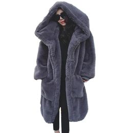 Damesbont faux zwart donkergrijs jas herfst winter grote maat losse hooded warme jas imiteren harig verdikt lang uitloper