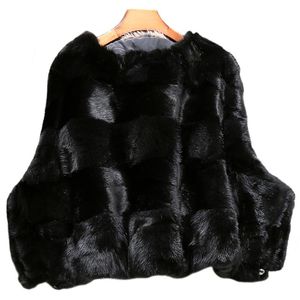 Manteau en fausse fourrure pour femme, pull en vison véritable, col rond court, couleur noire, vraie veste rayée, pardessus d'hiver