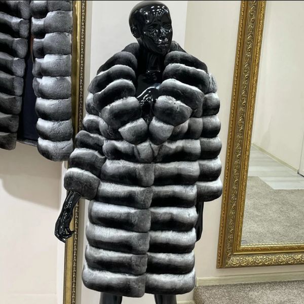Manteau en fausse fourrure Chinchilla pour femme, veste longue d'hiver en vrai lapin Rex, de luxe, chaud, col de costume, 231211