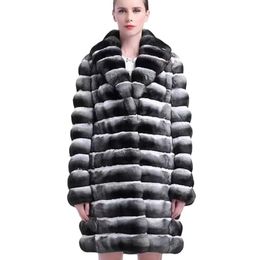Manteau rayé en fausse fourrure Chinchilla pour femme, véritable lapin Rex, revers mi-long, épais et chaud, mode hiver 2023, 231108