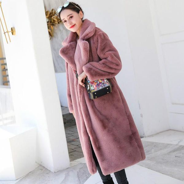 Abrigo de piel sintética rosa para mujer, chaqueta larga y peluda con cuello vuelto, ropa de abrigo informal holgada y cálida de felpa coreana para mujer 2021