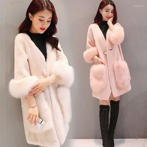 Dames bont faux jas vrouwen kleding 2022 mode winter Korea vrouwelijk warme v-hals lamslam wol mink bovenkleding dames lange pluche jas