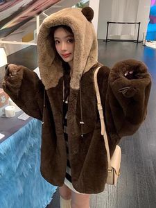 Manteau en fausse fourrure pour femme, mode coréenne, veste en peluche avec oreilles d'ours Kawaii, décontracté, ample, chaud et épais, Cardigan à capuche, vêtements d'extérieur