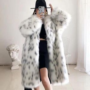 Dames bont faux jas vrouwen winter casual gesplitste luipaard print jas vrouw dikke warme mid-long pluche bovenkleding